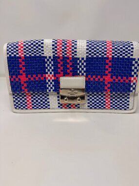 RARE Kate Spade Bay Drive Chloe Finn Clutch Blue White Red Plaid Pristine 11"